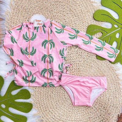 Linha Praia - Blusa Manga Longa Coqueiros com Proteção UV50+ e Calcinha - Rosa e Verde 